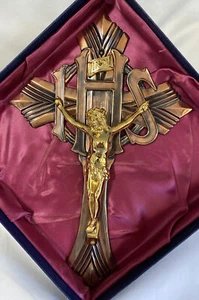 Vintage Art Deco Crucifix Cross Gold Copper Bronze Tones Christianity NIOB 9.5” - Picture 1 of 7