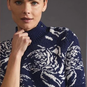 NWT Maeve Anthropologie short sleeve blue floral sweater buttons divendra mock s - Picture 1 of 7