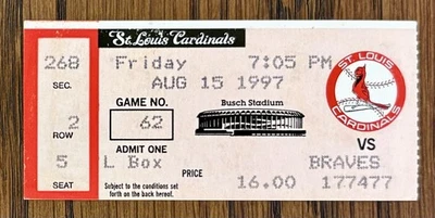 Boleto Mark McGwire HR #368 1997 y 4 Walks Cardinals Braves 8/15 Glavine Foto 1 de 2