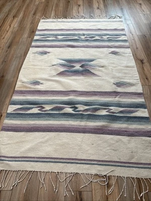 Rug Southwest Striped Purple Blue 87”x50” Cotton Fringe *Stains* - Image 1 of 4