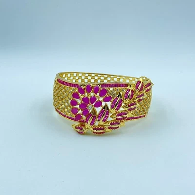 Gold Plated Ruby Bangle Bracelet | White CZ Stone Indian Bridal Jewelry Floral K - Image 1 of 4