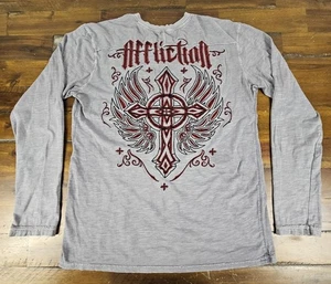Affliction Henley Hemd Herren L grau distressed Noppen Langarm bestickt Y2K - Bild 1 von 9