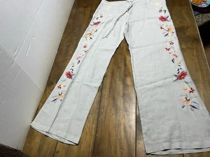 Johnny Was JW Los Angeles Linen Pants Embroidered Size Medium Beige - Picture 1 of 11