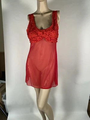 Sexy Camisón Festivo Rojo Transparente Floral Bordado Flora Nikrooz Chemise Talla L Foto 1 de 4