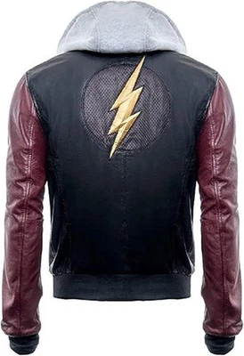 Men's Black & Maroon Faux Leather Hooded Bomber Jacket Thunder Superhero Costume - Image 1 of 3