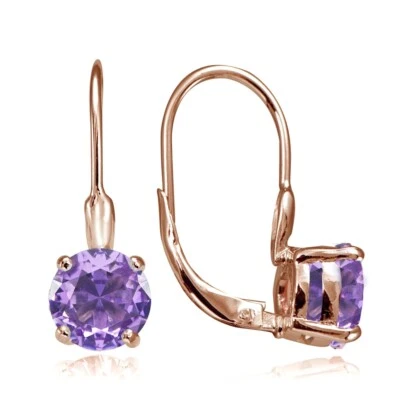Pendientes solitarios redondos con palanca de amatista simulada tono oro rosa sobre plata Foto 1 de 4