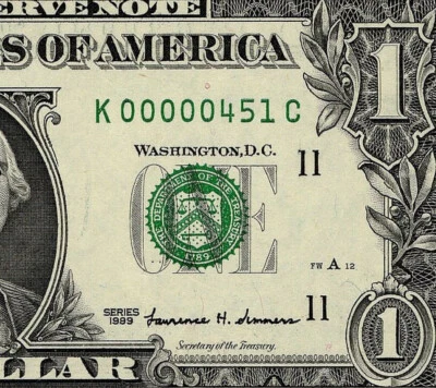 1999 $1 Federal Reserve Note Low 3 digit Serial Number Dallas K00000451C PMG 66 - Image 1 of 4