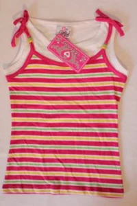NEW Girls Striped Tank Top Medium 7 - 8 Pink Layered Look School Shirt Cotton - Picture 1 of 2