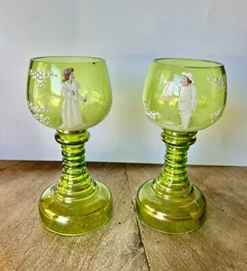 Pair Antique “Mary Gregory” Enameled Couple Green Crystal Roemer Goblets German - Picture 1 of 11