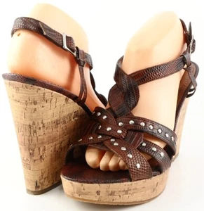 $99 ENZO ANGIOLINI MYRA Brown Leather Strappy Designer Wedges Sandals 9 - Picture 1 of 4