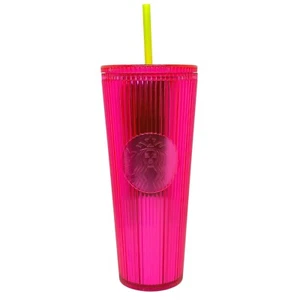 Starbucks Neon plissiert Fuchsia heiß rosa kalt Tasse Becher 24 Unzen - Bild 1 von 9