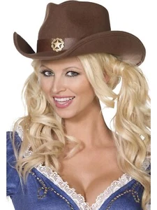 Cappello da cowboy Smiffys Fever Wild West, feltro marrone con dettaglio stella oro, Fever Acce - Foto 1 di 2