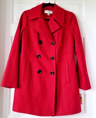 NUEVO ABRIGO ANNE KLEIN Rojo Doble Pecho 3/4 Largo Mezcla Lana Guisante Talla M $265 Foto 1 de 4
