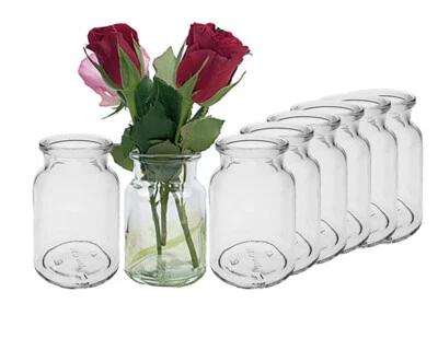 6 Mini Glasvasen 9cm Deko Blumen Vase Flasche Hochzeit klein Väschen Set Rund - Bild 1 von 2