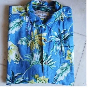 Vntg TOMMY BAHAMA Hawaiian Men's Linen Shirt XXL Cockatoos & More Blue Yellow - Picture 1 of 5