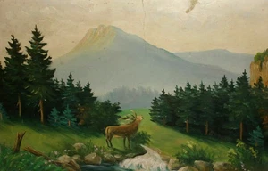 Vintage impressionist mountain river landscape deer oil painting - Picture 1 of 12