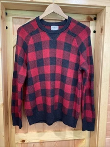 Vintage LL BEAN Small Reg Cashmere Cotton Buffalo Plaid Sweater Elbow Patches - Picture 1 of 12