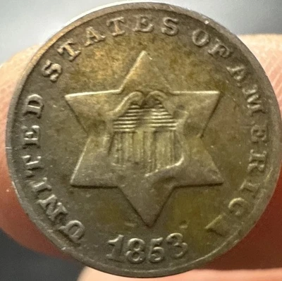 1853-3 Cent Silver Trime US Type 1-75% Silver Star & Shield Minted in Philly - Image 1 of 4