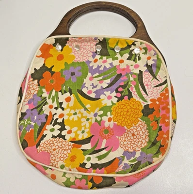 Vintage Wood Frame Bermuda Purse Cover With Retro Bright Pop Floral Cover - Image 1 of 4