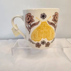 Seeds & Sunshine Ceramic Mug Yellow White Floral Moth Design 16oz NWT - Picture 1 of 6
