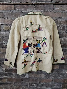 Vintage Mexican Wool Open Tourist Coat Jacket Yarn Embroidered Tan Measurements - Picture 1 of 6