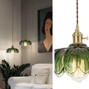 NEW West Elm Vintage Green Glass Hanging Gold Floral Pendant Light Fixture - Picture 1 of 6