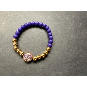Rustic Cuff Bracelet Mini Melanie Blue and Gold Beads Charm - Picture 1 of 4