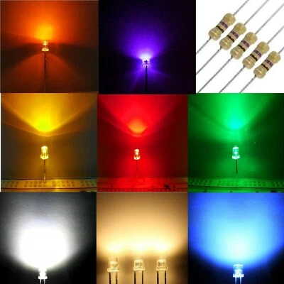 Diodi LED alta luminosità TESTA PIATTA + RESISTENZE BIANCO ROSSO VERDE BLU... - Immagine 1 di 3