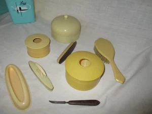 Vintage celluloid vanity set brush nail buffer mirror powder puff - Picture 1 of 6
