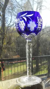 Vintage Bohemian Czech Cut Crystal Blue Goblet Clear Stem 8" Tall 3" top - Picture 1 of 7