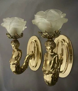 Pair Vintage Solid Brass Wall Sconces Mythological Figures with Flower Shades - Picture 1 of 11