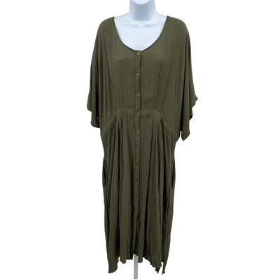 Roaman's Maxi Shirt Dress Womens 20W Olive Green Crinkle Gauze Button Up Lined - Image 1 of 4