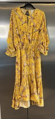 NEW Johanna Ortiz x H&M Dress MD  Yellow Floral Bird Cockatoo Crepe Maxi - Image 1 of 4