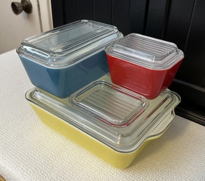 Vintage 7 Pc Pyrex Refrigerator Casserole Dish Set Primary Colors 501 502 503 - Image 1 of 4