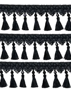Fringe Tassels with Beads/Ribbons - Black 90mm. Price is for 1 metre. - Picture 1 of 1