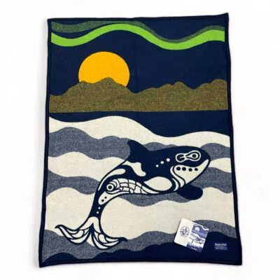 Pendleton Wool Blanket Sea Wolf Orca Sunset Navy Blue Beaver State Throw 44x32 - Image 1 of 4