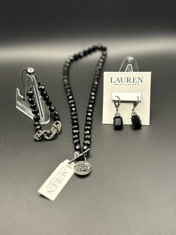 Ralph Lauren Negro Monograma Cristales Colgante Collar, Brazalete, Pendientes Foto 1 de 4