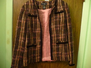 FUNDAMENTAL THINGS WOMENS TWEED LOOKING JACKET SIZE 8 BROWN PLAID  PINK LINING - Picture 1 of 5