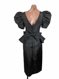 vintage 80s black formal prom dress puffy sleeves ruffled bodice bow UNION ILGWU - Picture 1 of 10