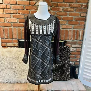 Vintage BoHo Hippie Plaid Patch Embroidered Sheer Caftan Tunic Dress Top Small - Picture 1 of 9