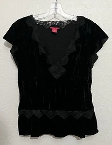 Med Y2K Baby Doll Romantic Steampunk Witchy Gothic Black Velvet Short Sleeve Top - Picture 1 of 7