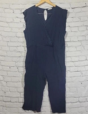 Maurices Navy Blue Romper XL Lace Trim Flutter Sleeve Stretchy V-Neck Keyhole - Image 1 of 4