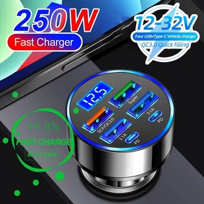 PLUS 6-Port 250W USB C Car Charger PD+QC 3.0 Fast Charger 12-24V Voltage Display