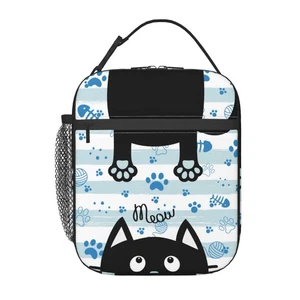Black Cat Insulated Lunch Box for Kids Blue White Striped Paws Lunch Cooler - Picture 1 of 9