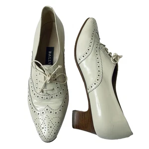 Bally Vintage Size 6.5 Martha Oxford Leather Spectator Lace Up Ivory Cream Heels - Picture 1 of 8