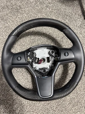2017-2023 Tesla Model 3 Y Steering Wheel Leather Black OEM + Carbon Fiber Cover - Image 1 of 4