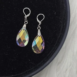 Iridescent Fire Aurora Borealis Faceted Crystal Silver Tone Leverback Earrings - Picture 1 of 4