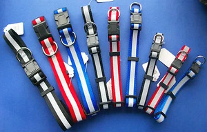 Adjustable Reflective/Reflector Safety Nylon Dog Collar Red Black Blue S, M or L - Picture 1 of 4