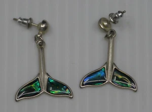 VINTAGE WHALE TALE FIGURAL DANGLE PIERCED EARRINGS WITH ABALONE INLAY - Picture 1 of 3