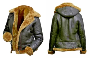 Hoodie RAF Aviator Mens B3 Sheepskin Real Shearling Leather Flight Bomber Jacket - Picture 1 of 5